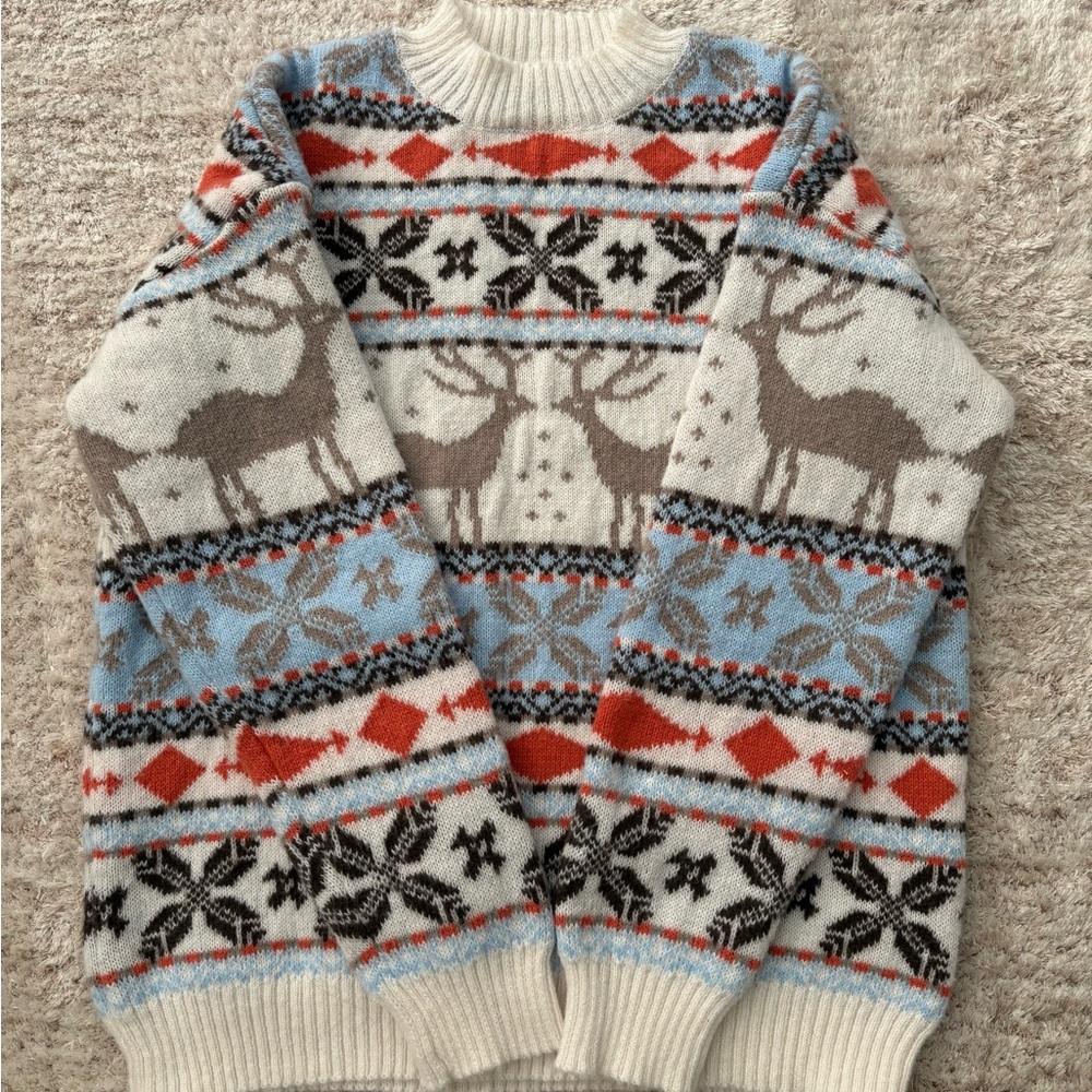 Women's Christmas Colorblock Reindeer & Geometric Pattern Raglan Sweater